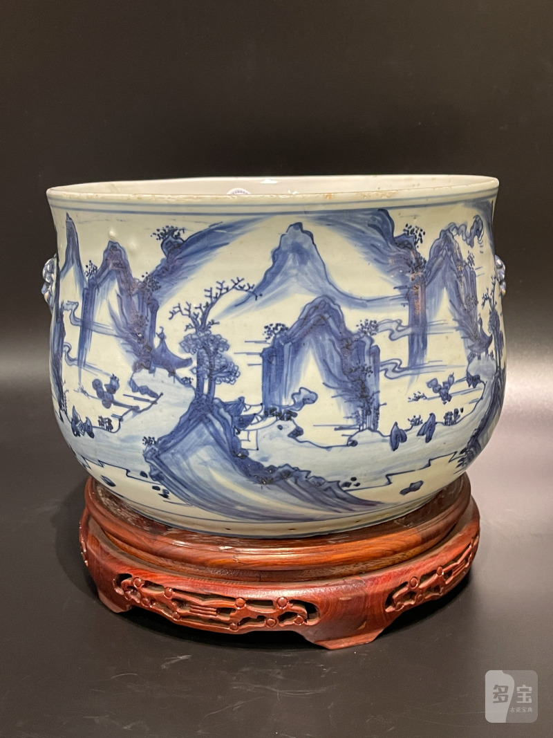 明天启 青花山水人物图铺首大炉 - 图6